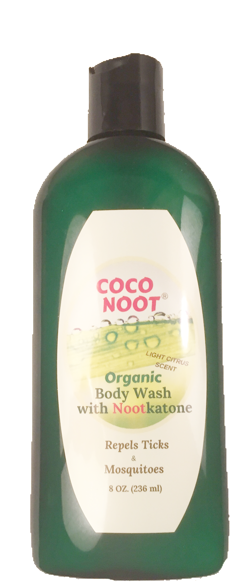 Coco Noot organic castile soap, body wash repels ticks and mosquitoes naturally.  Nootkatone citrus scent.  Noot ®